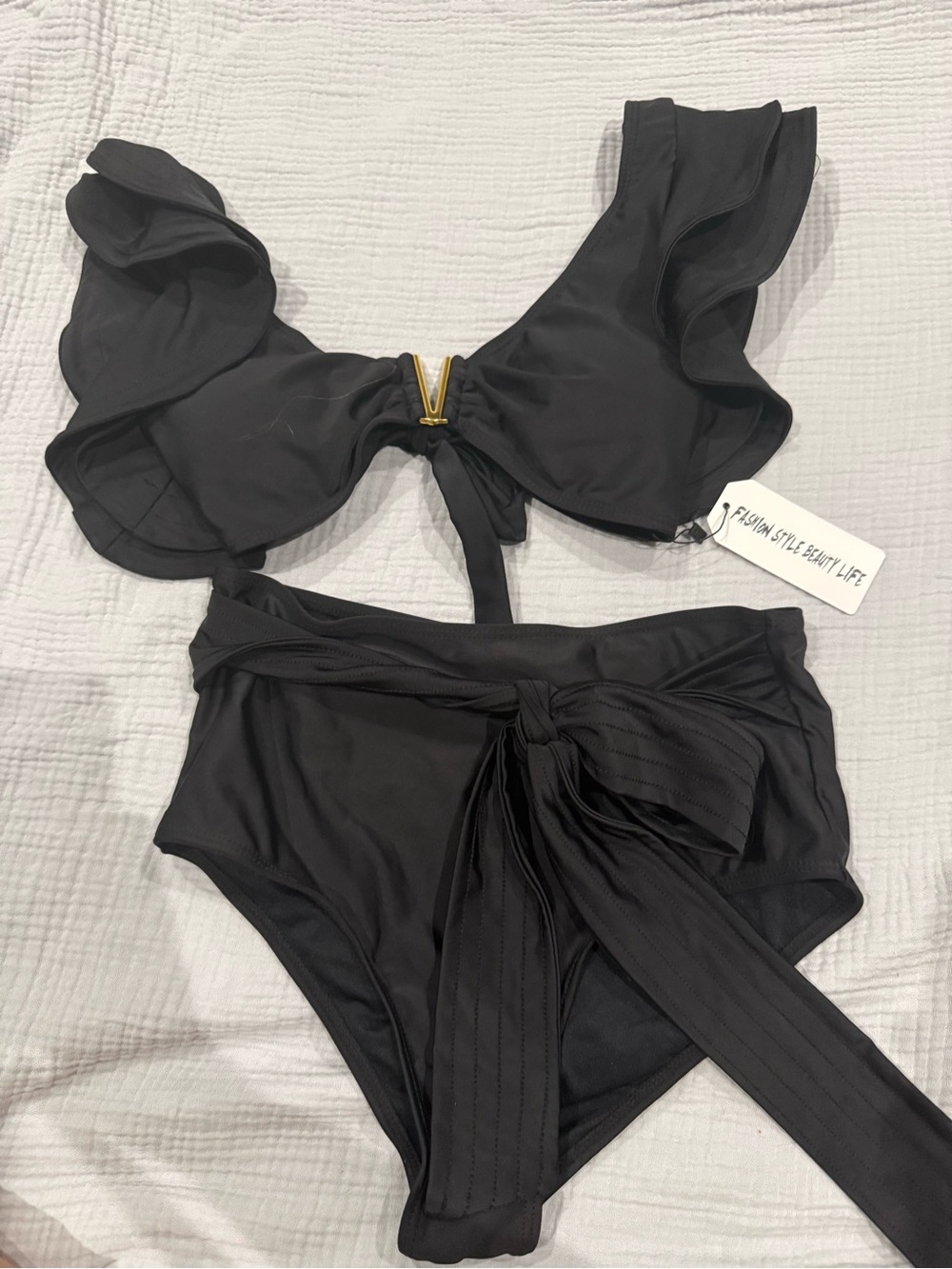 Sporlike Black Ruffle High-Waist Bikini Set